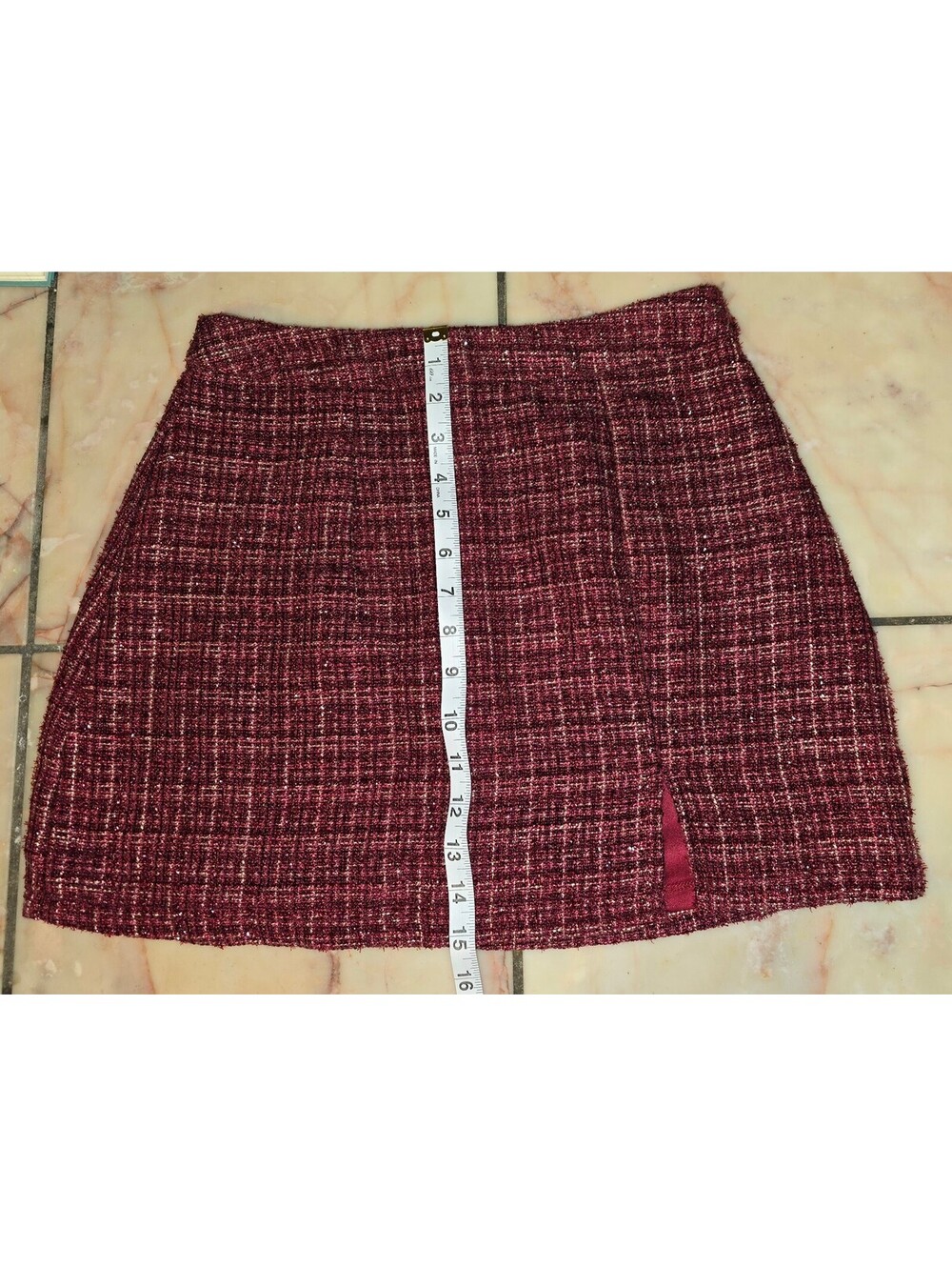 Francesca's Burgundy & Gold Metallic Tweed Mini Skirt with Front Slit